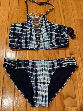 No Boundaries Navy and White Tie-Dye Lattice Bikini Set